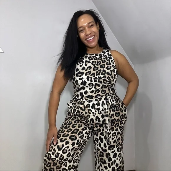 French Connection Leopard Print Jumpsuit Animal Print Wide Leg Romper Neutral - Picture 3 of 11
